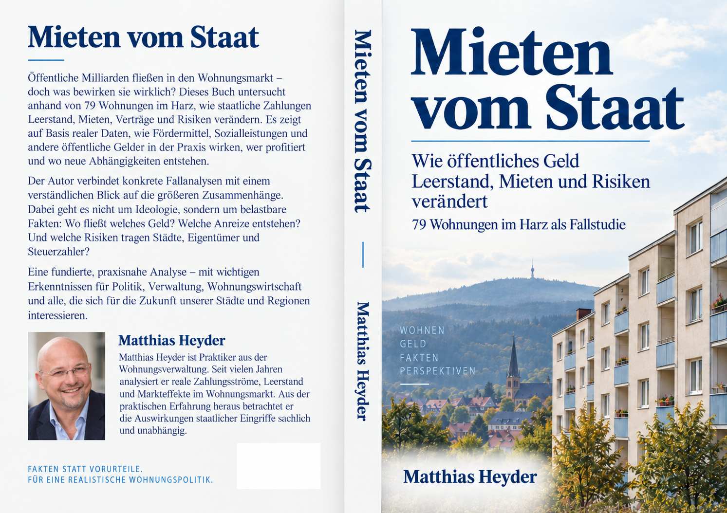 Vorderseite: Mieten vom Staat von Matthias Heyder. Wohnblock vor einer Harzlandschaft.