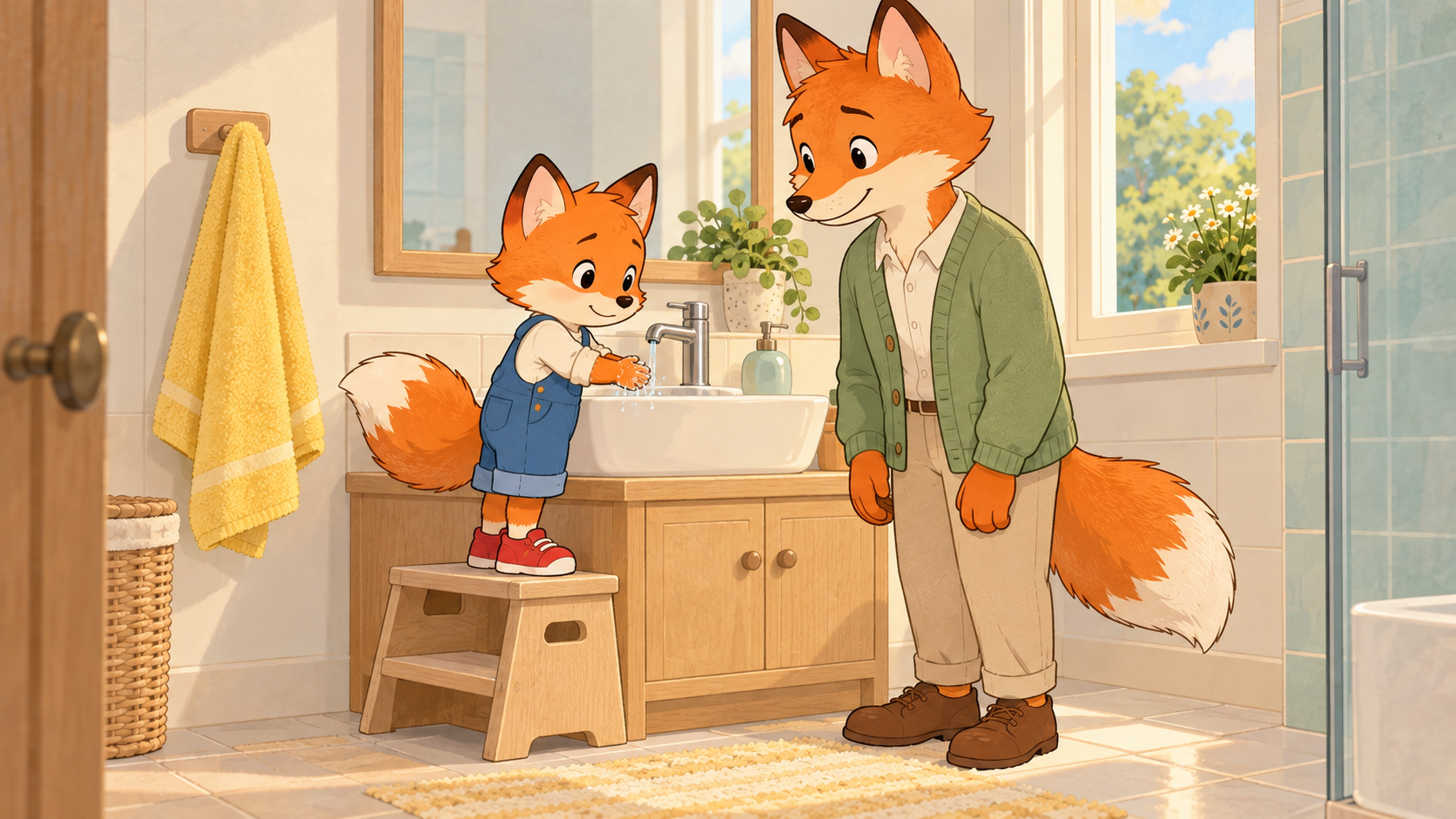 Piet und der große Fuchs am Waschbecken.