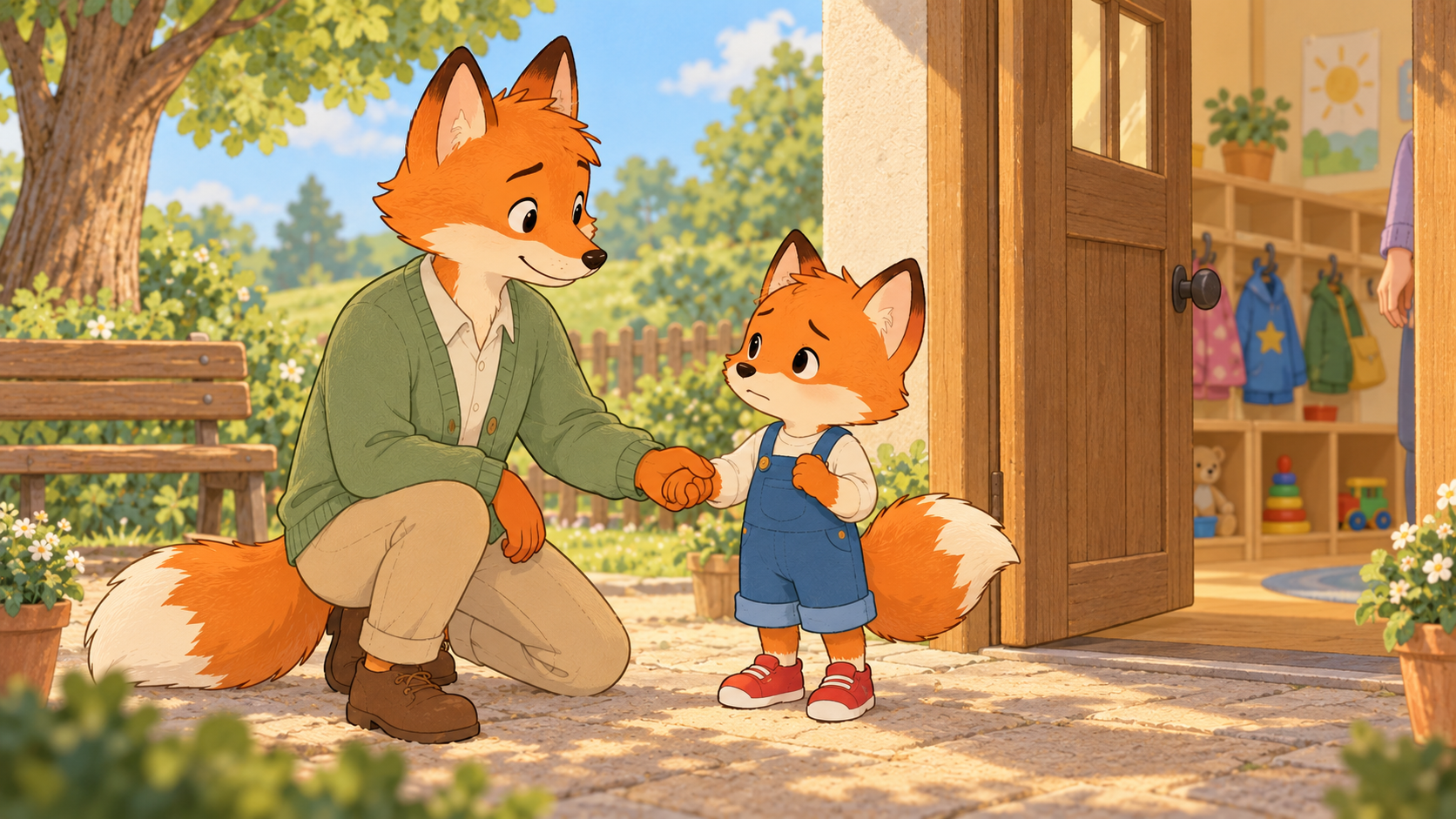Piet und der große Fuchs vor der Kita.