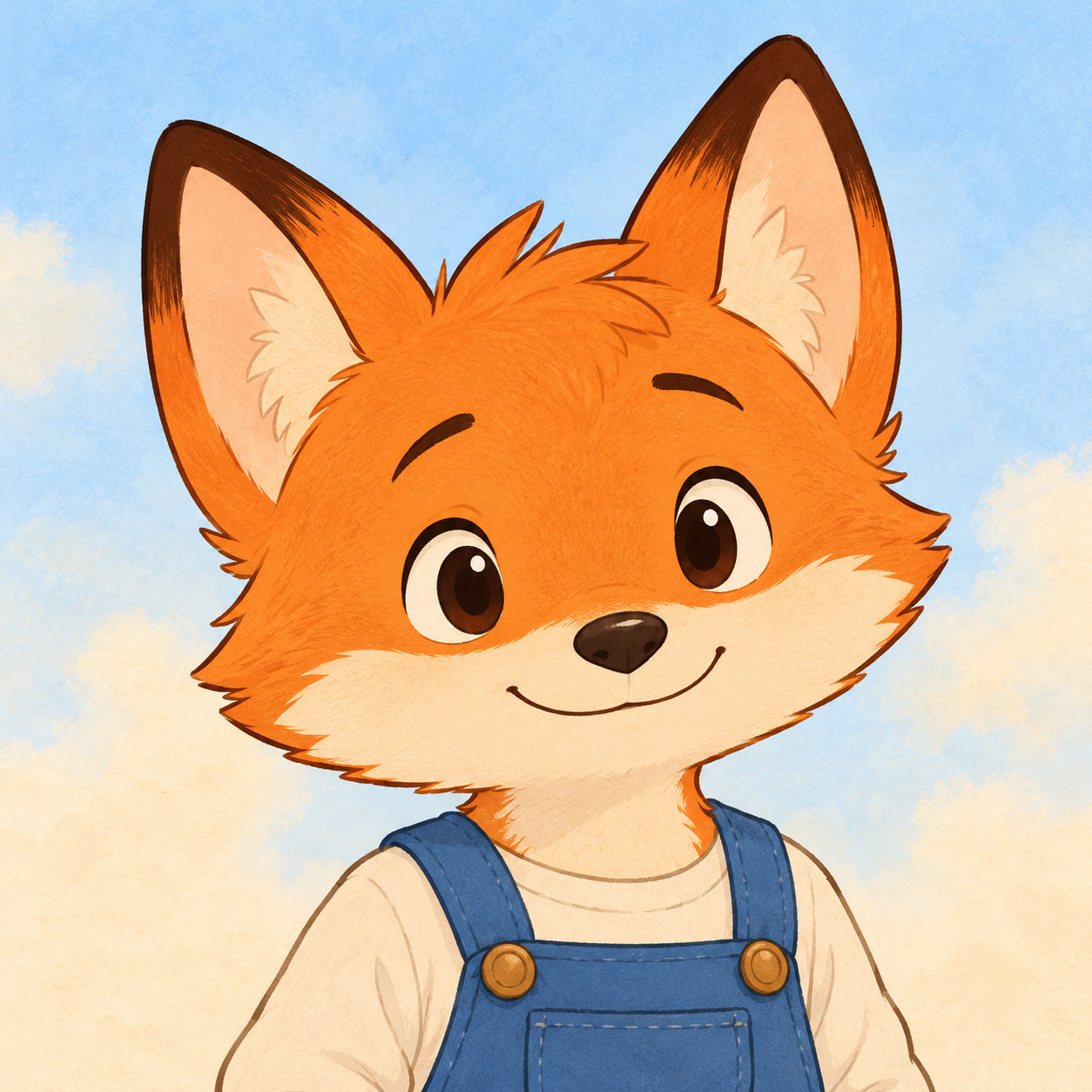 Piet, ein kleiner orangefarbener Fuchs mit blauer Latzhose, lächelt freundlich.