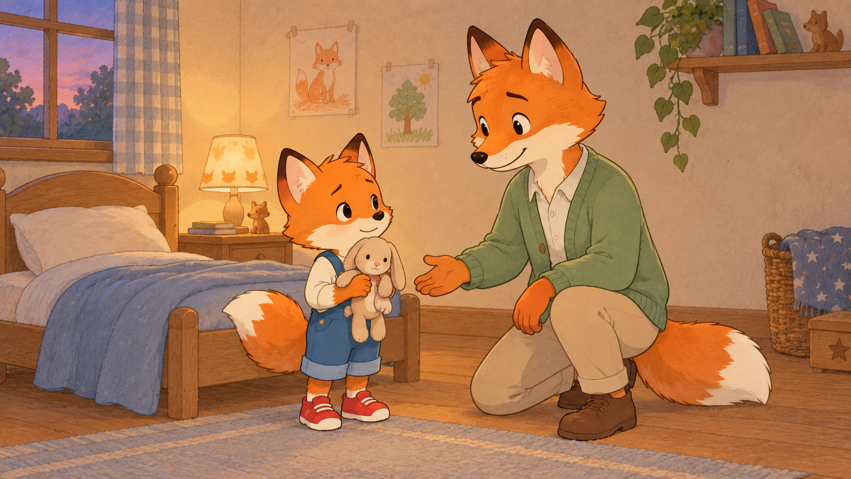Piet und der große Fuchs im gemütlichen Abendzimmer.